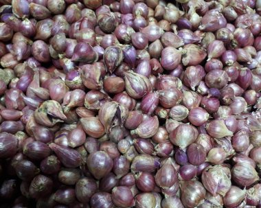 Yakın çekim organik kırmızı soğan yığını mağazada sergileniyor. Taze kırmızı soğan kırıntısı. Süpermarkette toptan satılacak yeni ekin soğanlarının olgunlaşması. Tarım geçmişi.