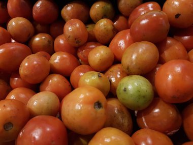 Lezzetli kırmızı domates. Yaz tepsi Pazar tarım çiftlik tam organik sebze arka plan olarak kullanılabilir. (seçici odak)