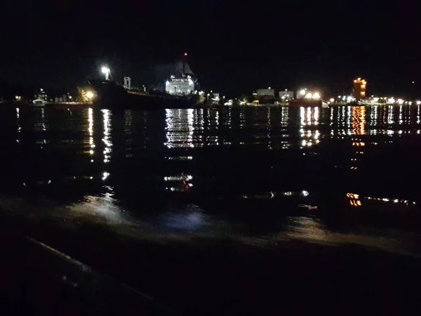 Suspension Bridge River Highlighting Bridge Panorama Night City Close View — Φωτογραφία Αρχείου