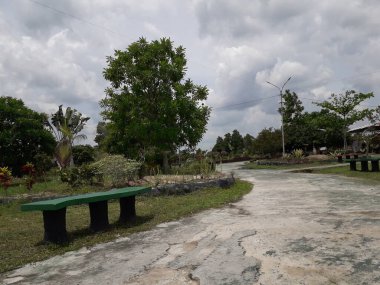 Yeşil kenarlı Paved otoparkı; genç çalılarla sınırlandırılmış gri ve beyaz beton taşlarla döşenmiş park alanı; bahçe tasarımı ve peyzaj mimarisi;