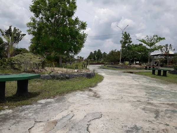 Paved Car Park Green Border Parking Area Paved Grey White — Fotografia de Stock