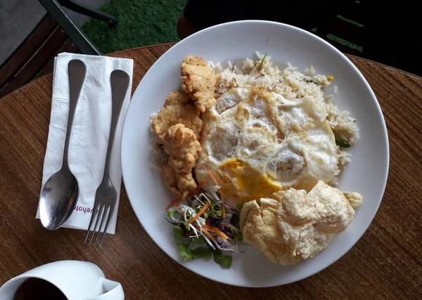 Homemade Kimchi Fried Rice Topped Fried Egg Skillet Overhead View — Photo