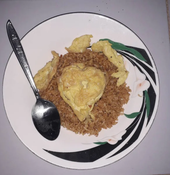 Homemade Kimchi Fried Rice Topped Fried Egg Skillet Overhead View — Foto de Stock