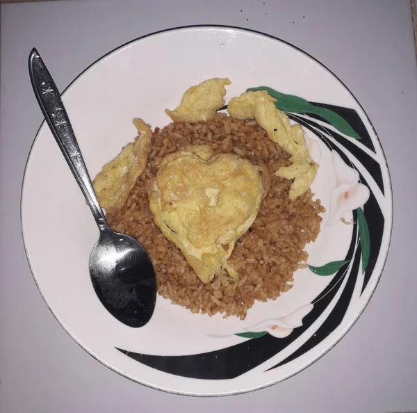 Homemade Kimchi Fried Rice Topped Fried Egg Skillet Overhead View — Foto de Stock