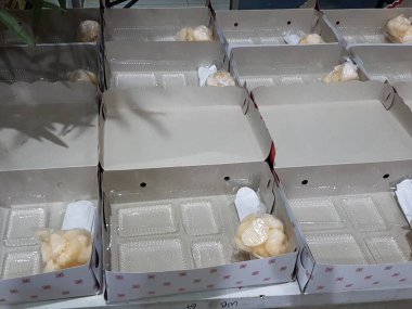 Stack of pizza boxes. Cardboard brown boxes for shipping and delivery of pizza. Many packaging is on the kitchen stock. Food order and delivering concept. Front view.