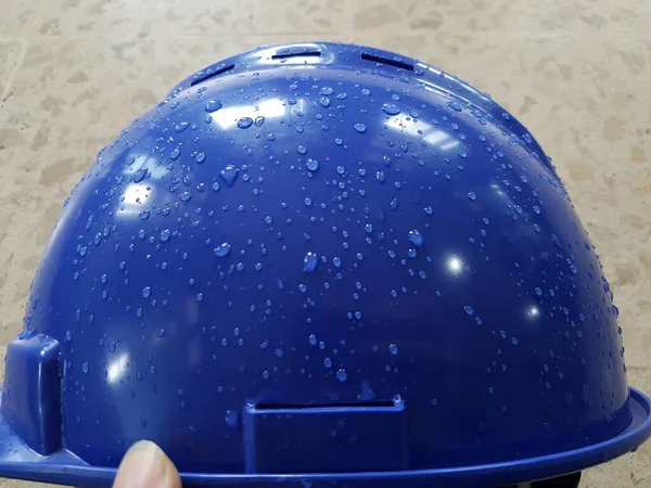 Blue Safety Helmet Place Structure Steel Construction Site Dew — Stok fotoğraf
