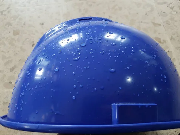 Blue Safety Helmet Place Structure Steel Construction Site Dew — Stok fotoğraf