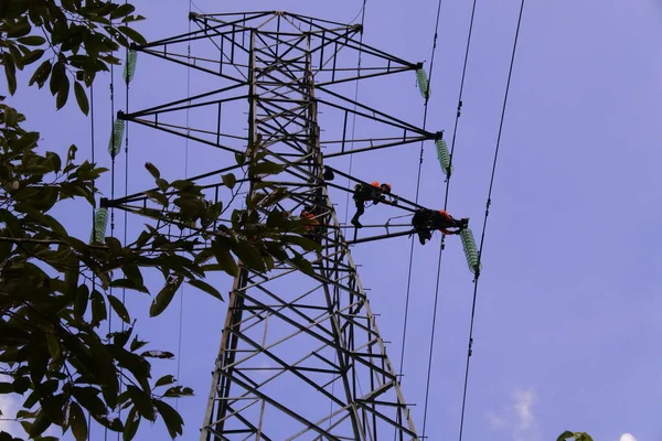 印度尼西亚南加里曼丹Banjarmasin 2022年8月10日 电工在模糊的自然背景下 安全和系统地在高压电站安装高压 — 图库照片