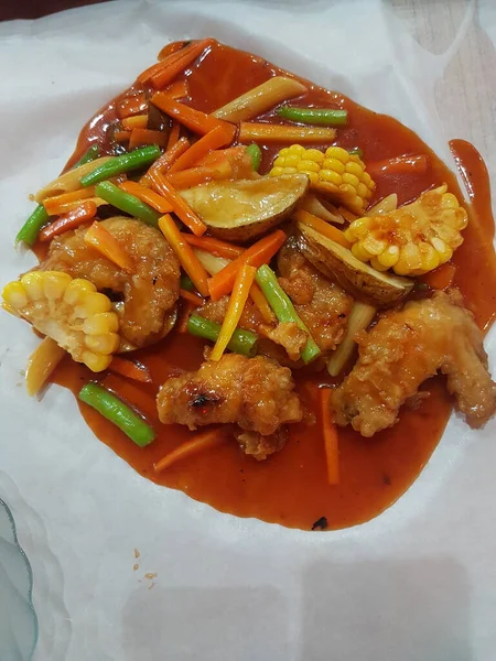 Comida Indonesia Ayam Goreng Saus Asam Manis Pollo Frito Con — Foto de Stock