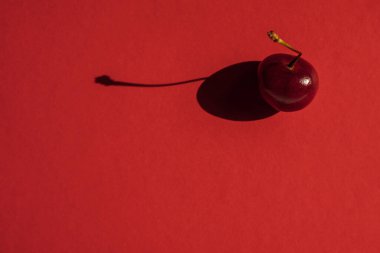 One cherry with a hard shadow on a red background top view