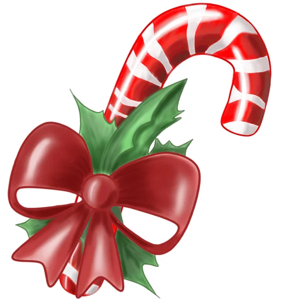 Χριστουγεννιάτικο Ζαχαροκάλαμο Κόκκινο Φιόγκο Απομονώνονται Λευκό Φόντο Πρωτοχρονιάτικα Γλυκά — Διανυσματικό Αρχείο