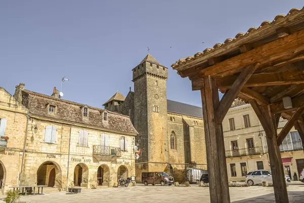Beaumont-du-Prigord, France - March 1, 2021 : View of part of the bastide town of Beaumont-du-Perigord.