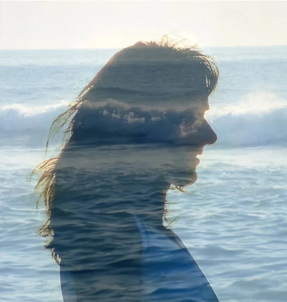 Silhouette Portrait Woman Sea — Stockfoto