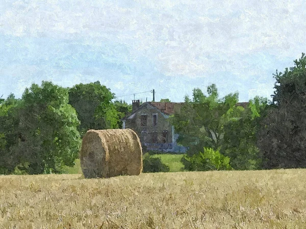 后面是一捆干草和一栋乡村房屋 — 图库照片