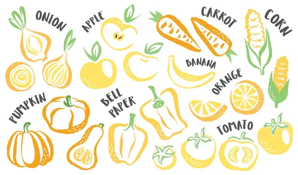 Set Verduras Frutas Amarillas Pintadas Mano Comida Estilizada Dibujada Mano — Vector de stock