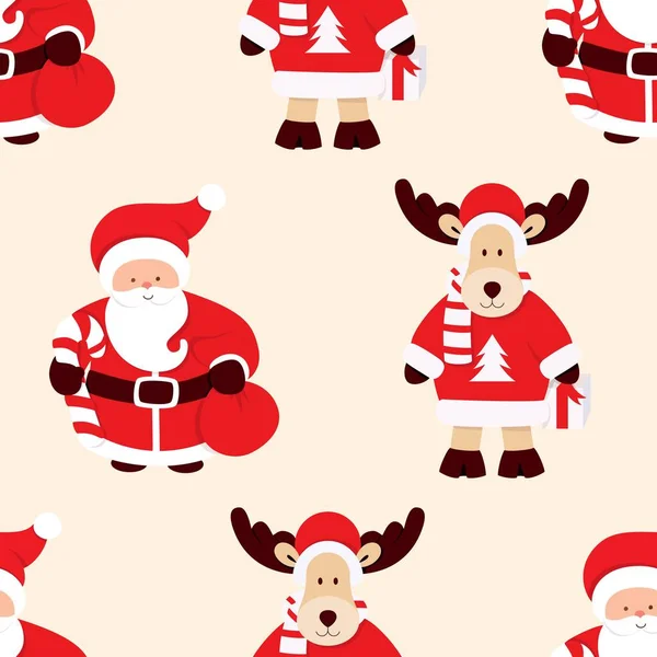 Nahtloses Weihnachtsmuster mit Weihnachtsmann, Zuckerrohr und Geschenktüte — Stockvektor