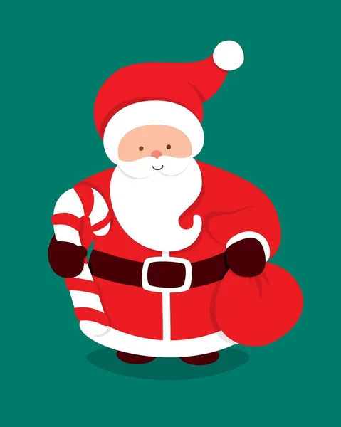 Frohe Weihnachten mit Weihnachtsmann, Zuckerrohr und Geschenktüte — Stockvektor