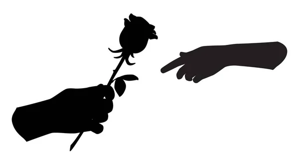 Silhouette of hand holding a rose and giving it. Man gives a flower to a woman. — Stock Vector