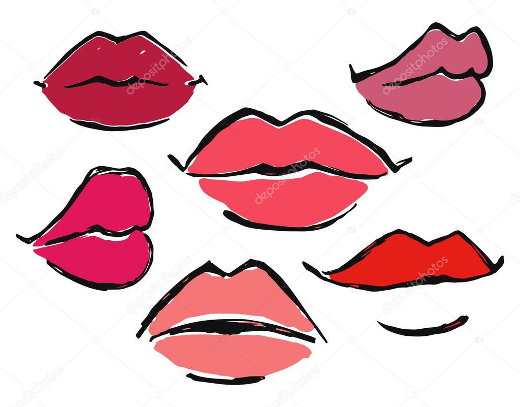 Red lips set hand drawn with ink paint brush, isolated on white background. Vector illustration