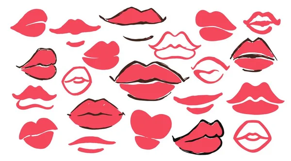 Bibir Merah Mengatur Tangan Digambar Dengan Kuas Cat Tinta Terisolasi - Stok Vektor