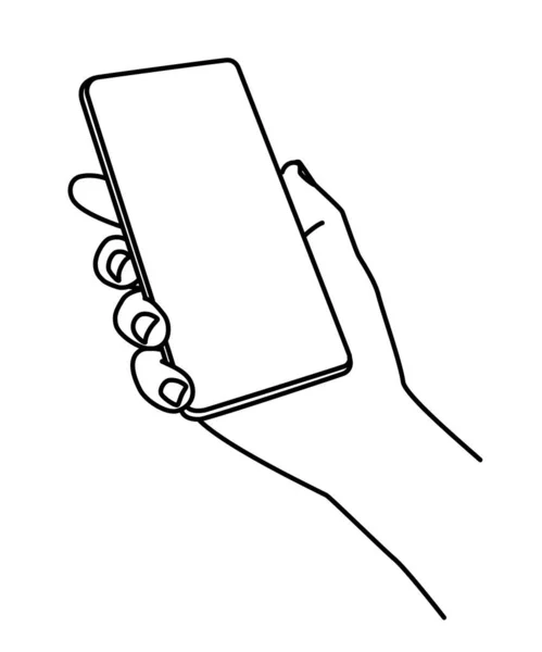 Mão Segurando Mão Telefone Móvel Desenhado Com Linha Fina Ilustração — Vetor de Stock