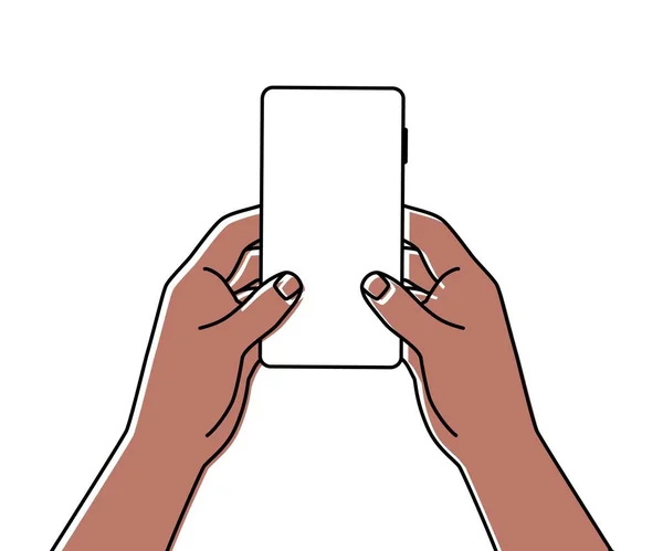 細い線で描かれた携帯電話の手を保持男性の手 白を基調としたベクトルイラスト — ストックベクタ