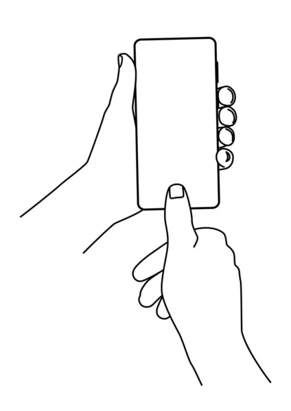 Hand Holding Mobile Phone Hand Drawn Thin Line Vector Illustration — 图库矢量图片