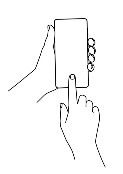 Ręczne Trzymanie Telefonu Komórkowego Narysowane Cienką Linią Ilustracja Wektora Izolowana — Wektor stockowy