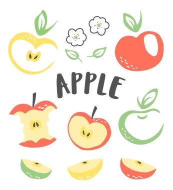 Beyaz arka planda, mürekkep fırçasıyla boyanmış üç elma seti. Vektör illüstrasyonu