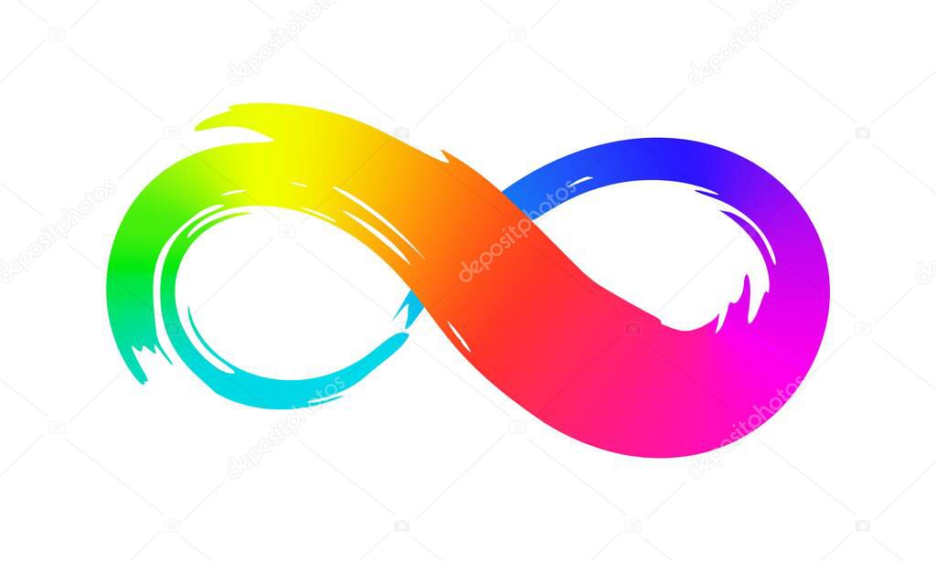 Rinbow infinity symbol with colorful gradient, hand painted with calligraphic ink brush, isolated on white background. vector illustration
