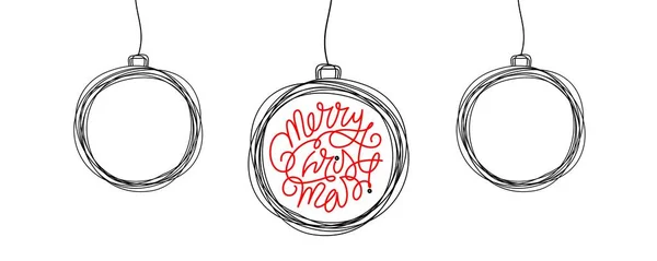 文字列 休日のカードにかかって木のボールの装飾スタイル松スクリブルでメリークリスマスのレタリング要素を描いた 白を基調としたベクトルイラスト — ストックベクタ