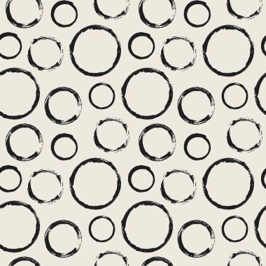 Elle boyanmış grunge daireleri olan kusursuz bir desen. El çizimi yuvarlak şekiller arka plan. Vektör çizimi. Fırça darbesi dokusu. Geometrik grafik tasarım elemanı. Albüm defteri duvar kağıdı.