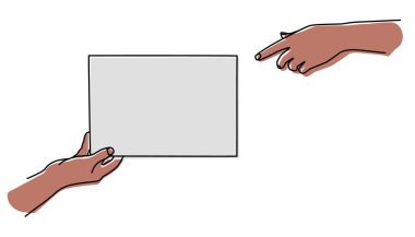 Elinde bir belge var ve onu veriyorsun. Adam bir kadına belge verir. İnce çizgilerle çizilmiş. Vektör illüstrasyonu beyaz arkaplanda izole edildi