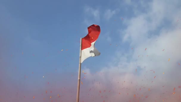 晴れた日に竹の棒を飛んでインドネシアの赤と白の旗 — ストック動画
