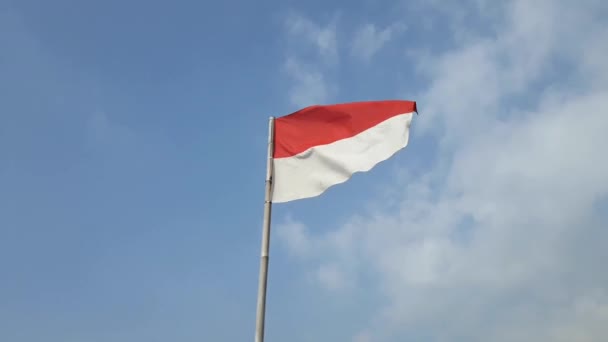 Bandeira Vermelha Branca Indonésia Voando Pólo Bambu Dia Ensolarado — Vídeo de Stock