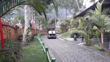 Malang, Doğu Java, Endonezya - Ekim 2022: Bir çalışan at arabası çalıştırıyor. Faytonlu arabalar genellikle otellerde, otellerde ya da golf oyunlarında bir ulaşım aracı olarak kullanılır.