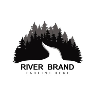 River Logo Tasarımı, River Creek Vector, Riverside İllüstrasyonu Dağlar ve Doğa, Ürün Markası