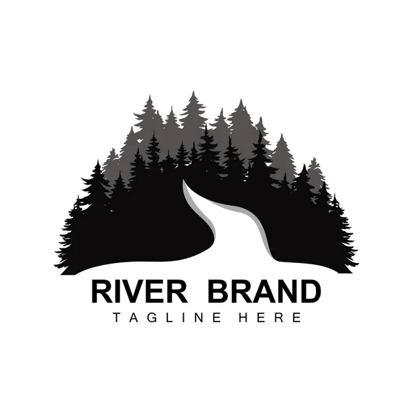 River Logo Design, River Creek Vector, Riverside Illustration With A Combination Of Mountains And Nature, Product Brand