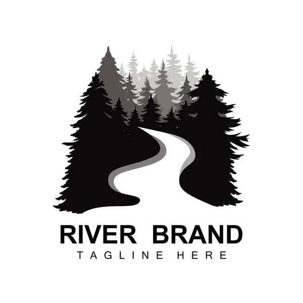 River Logo Tasarımı, River Creek Vector, Riverside İllüstrasyonu Dağlar ve Doğa, Ürün Markası