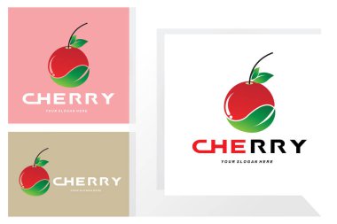 Kiraz Meyvesi logosu, Kırmızı Renkli bitki vektör çizimi, Meyve Dükkanı Tasarımı, Şirket, Etiket, Ürün Markası