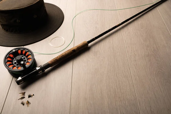 Fly Fishing Tackle Light Wood Background Copy Space —  Fotos de Stock