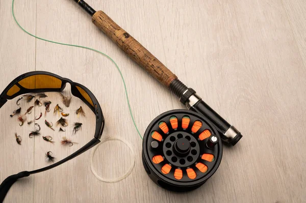 Fly Fishing Tackle Light Wood Background Copy Space — Foto Stock