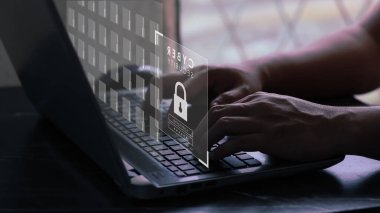 User typing login and password on virtual screen. Cyber security concept.
