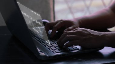 User typing login and password on virtual screen. Selective focus.