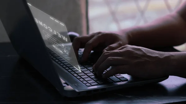 User typing login and password on virtual screen. Selective focus.