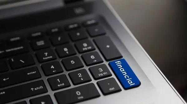 Dizüstü Bilgisayarın Mavi Tuşundaki Mali Kelime Finans Kavramı — Stok fotoğraf