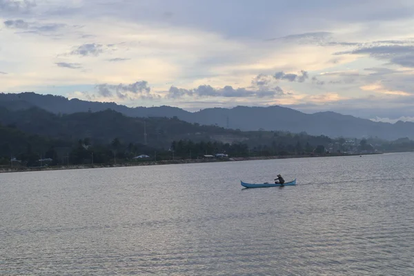 Fisherman Silhouette His Boat — Stok Foto