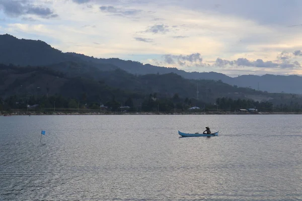 Fisherman Silhouette His Boat — Stok Foto