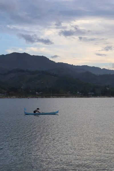 Fisherman Silhouette His Boat — Foto Stock