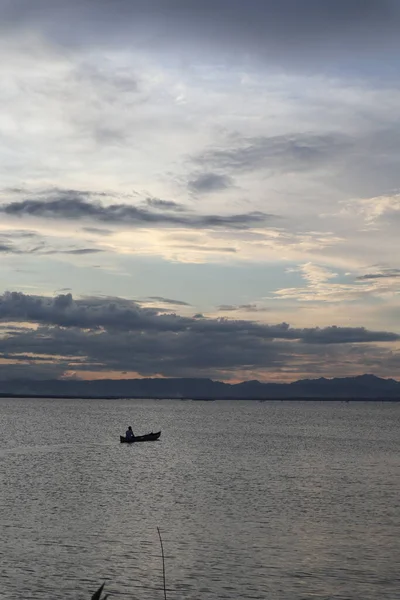 Fisherman Silhouette His Boat — Photo